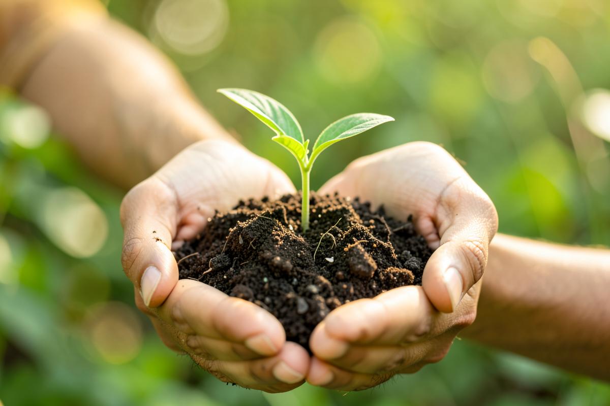 Hands holding soil with a young seedling